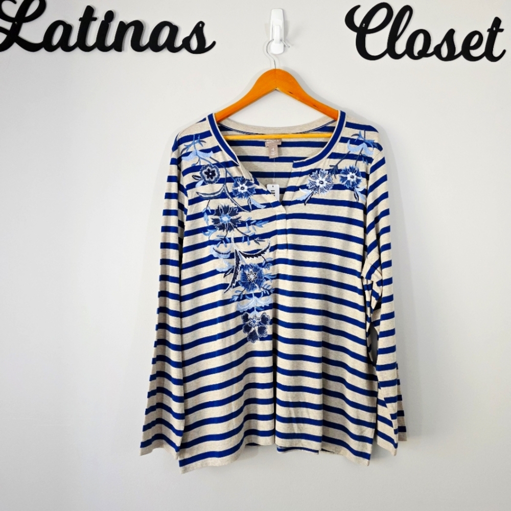 NEW‎ Chico's Striped Floral Embroidered Notch Neck Long Sleeve Top Size XXL
